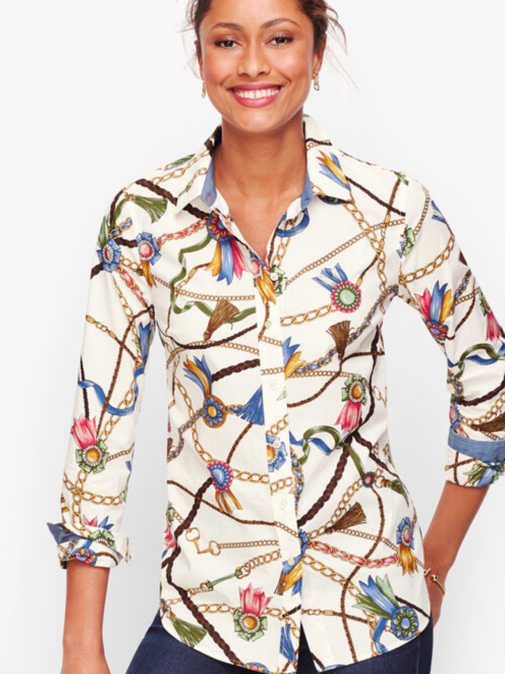 Talbots Cotton Links & Ribbons Luxury Button Down Shirt Size M